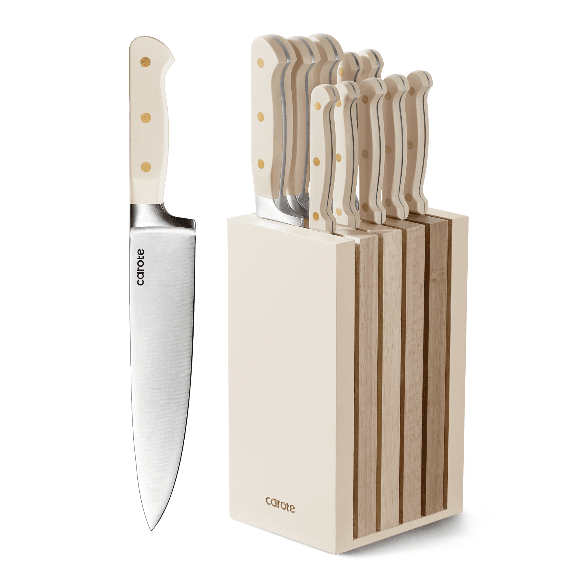 CAROTE 11PCS Knife Set with Block for kitchen, Stainless Steel Razor