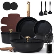 CAROTE 21-Piece Ceramic Cookware Set , Nonstick Pots and Pans Set with Detachable Handle and Lids, Induction Compatible, Black