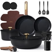 CAROTE 21-Piece Ceramic Cookware Set , Nonstick Pots and Pans Set with Detachable Handle and Lids, Induction Compatible, Black