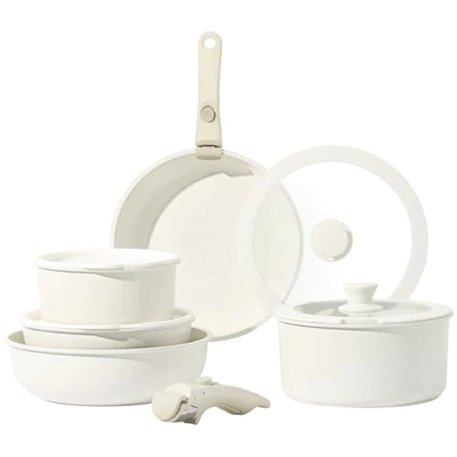 Cream White 11-Piece Nonstick Cookware Set with Detachable Handle