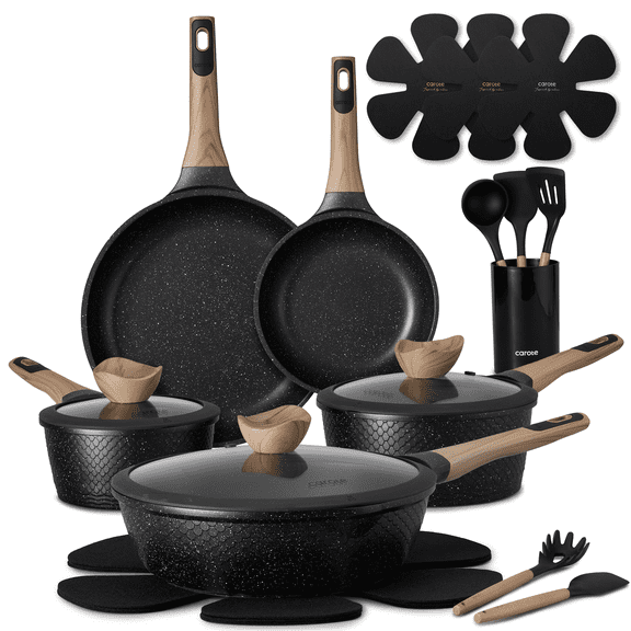 Carote 18-Piece Nonstick Pots and Pans, Granite Cookware Set with Kitchen Utensils, Black