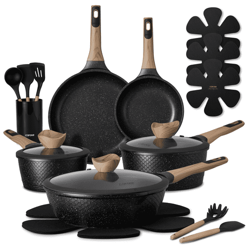 CAROTE 18-Piece Nonstick Pots and Pans, Granite Cookware Set with Kitchen Utensils, Black