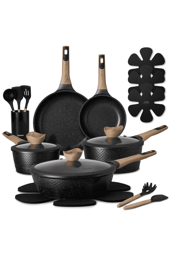 18-Piece Nonstick Pots and Pans, Granite Cookware Set with Kitchen Utensils, Black