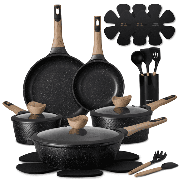 Carote 18-Piece Nonstick Pots and Pans, Granite Cookware Set with Kitchen Utensils, Black