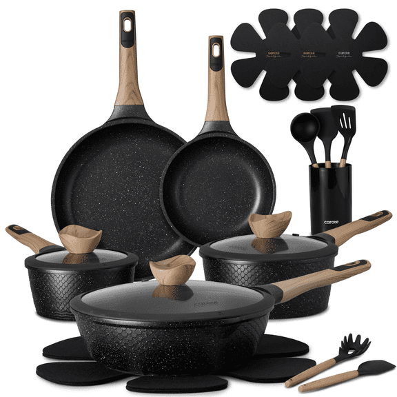 Carote 18-Piece Nonstick Pots and Pans, Granite Cookware Set with Kitchen Utensils, Black