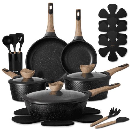 Carote 18-Piece Nonstick Pots and Pans, Granite Cookware Set with Kitchen Utensils, Black