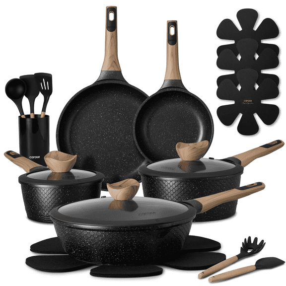 Carote 18-Piece Nonstick Pots and Pans, Granite Cookware Set with Kitchen Utensils, Black