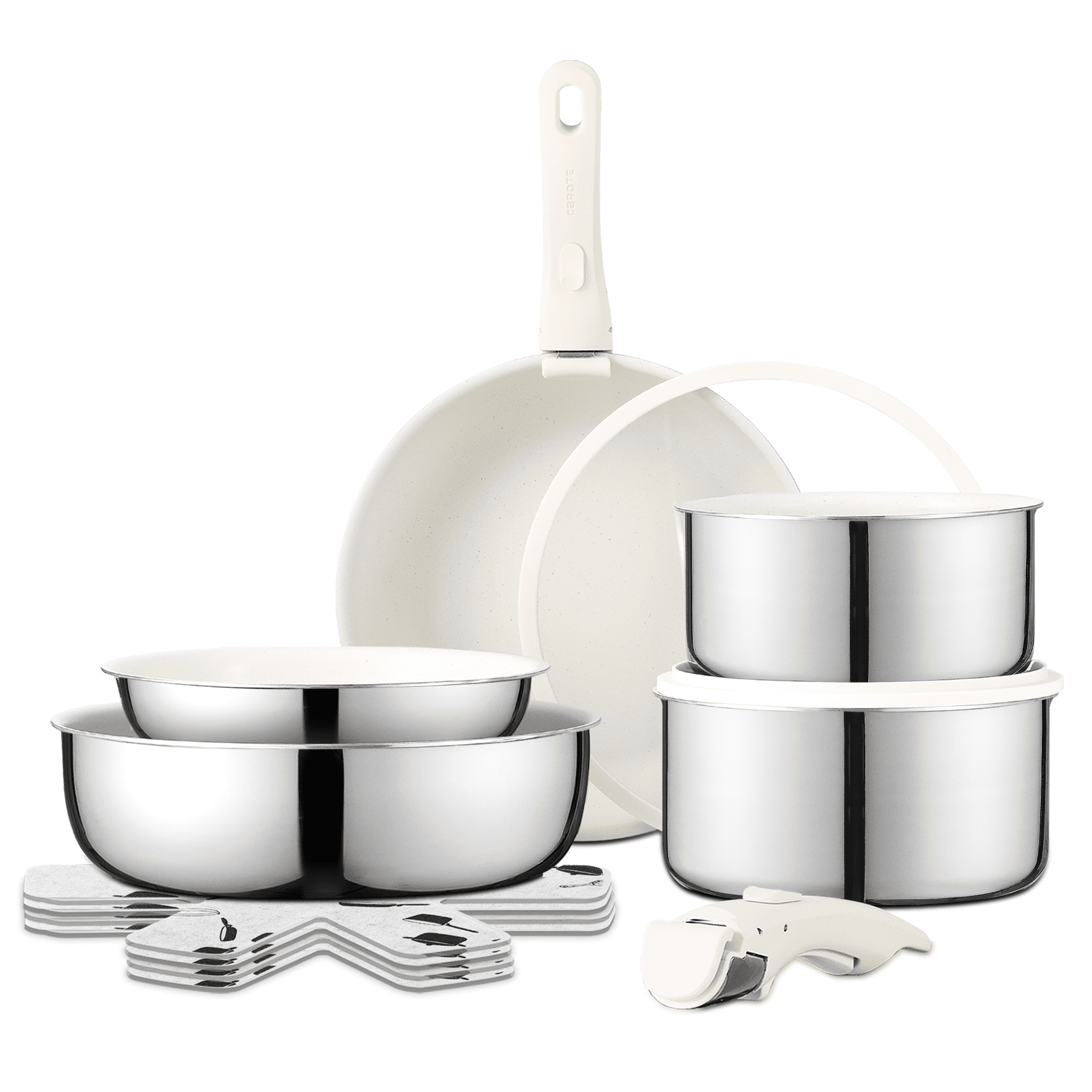 CAROTE 13pcs Stainless Steel Pots and Pans Set with Removable Handle, Ceramic Cookware Set with