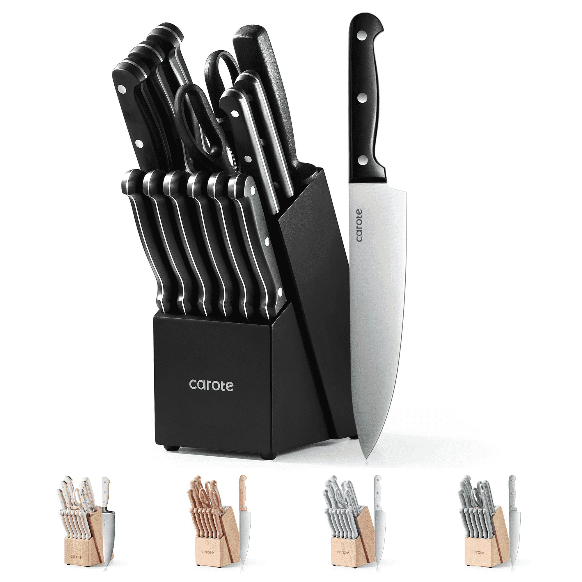 Carote 14 Pieces Knife Set with Wooden Block Stainless Steel Knives Dishwasher Safe, Black