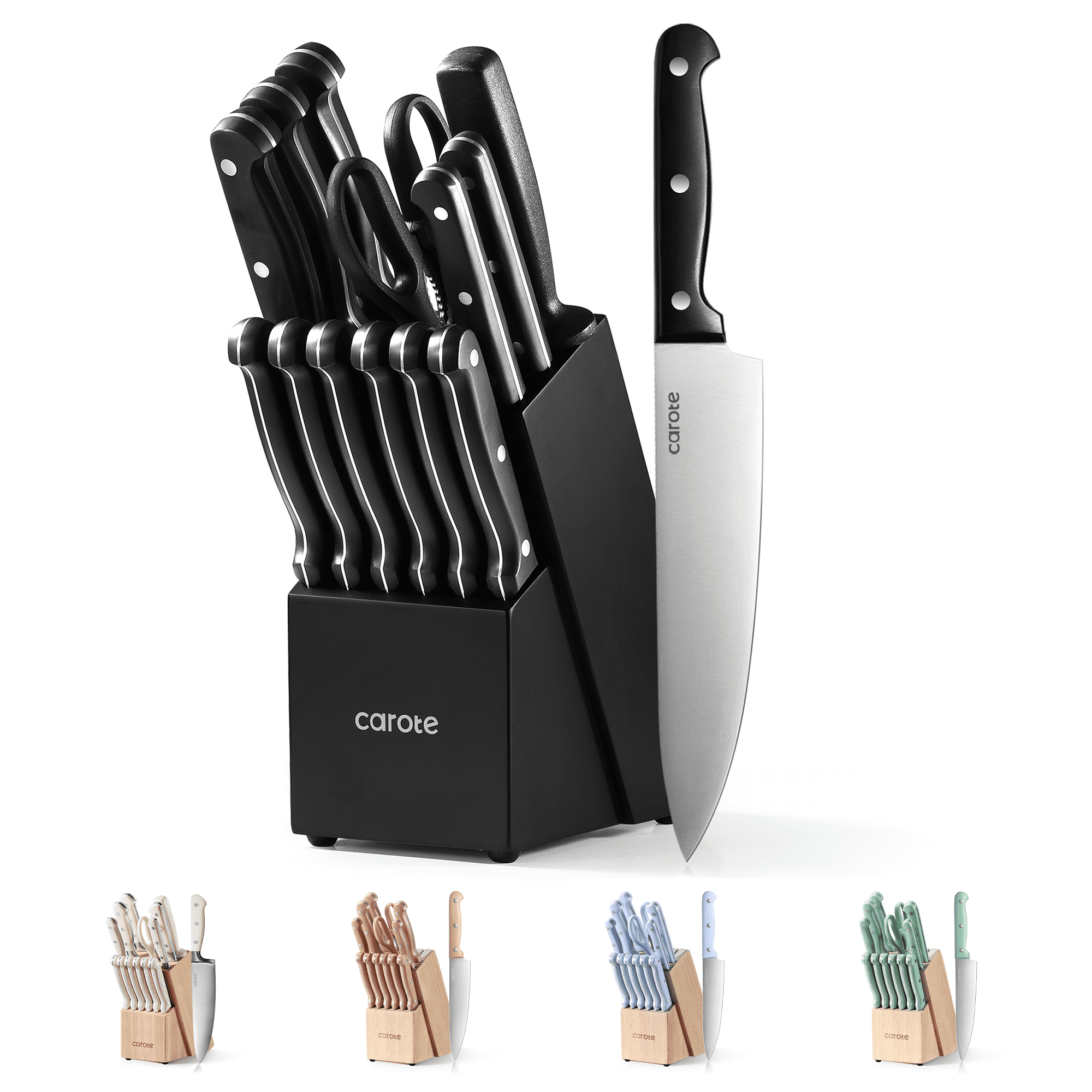 Carote 14 Pieces Knife Set with Wooden Block Stainless Steel Knives Dishwasher Safe, Black