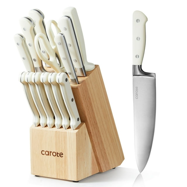 CAROTE 14 Pieces Knife Set with Wooden Block Stainless Steel Knives