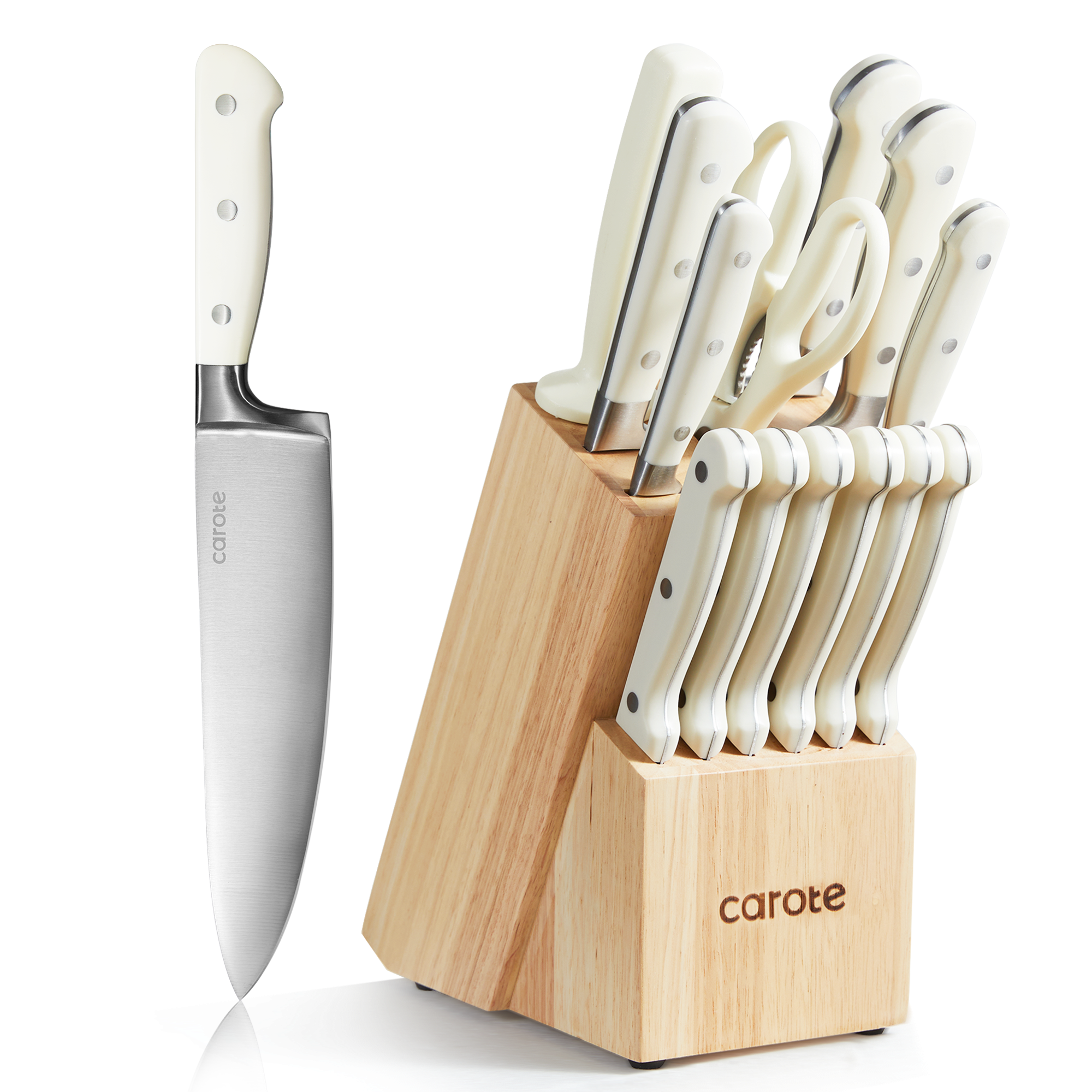 CAROTE 14 Pieces Knife Set with Wooden Block Stainless Steel Knives Dishwasher Safe with Sharp Blade Ergonomic Handle Forged Triple Rivet-Pearl White - image 1 of 6