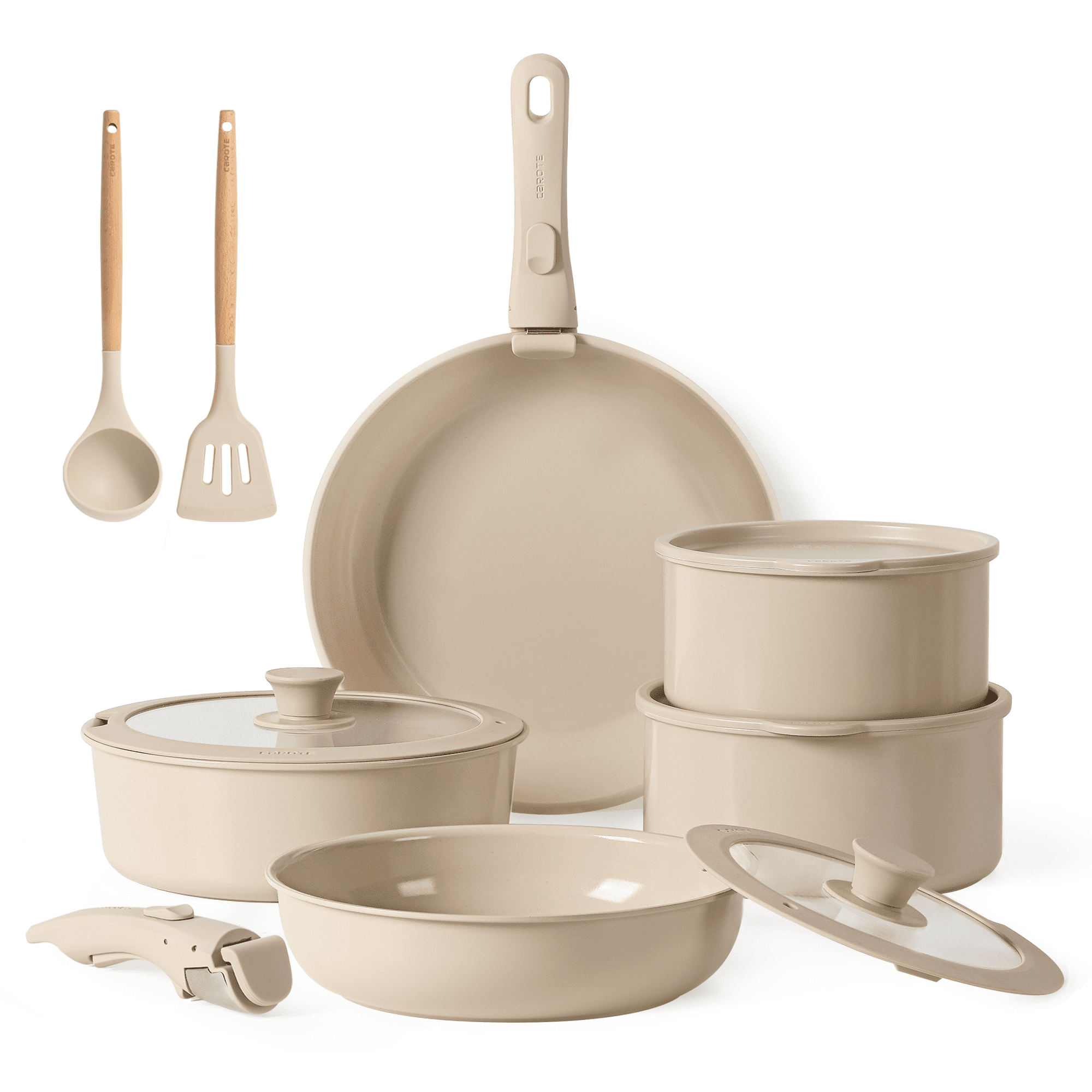 Carote Ceramic Cookware Set, Non Toxic Detachable Pots and Pans, 6 Pcs Induction Cookware, Taupe