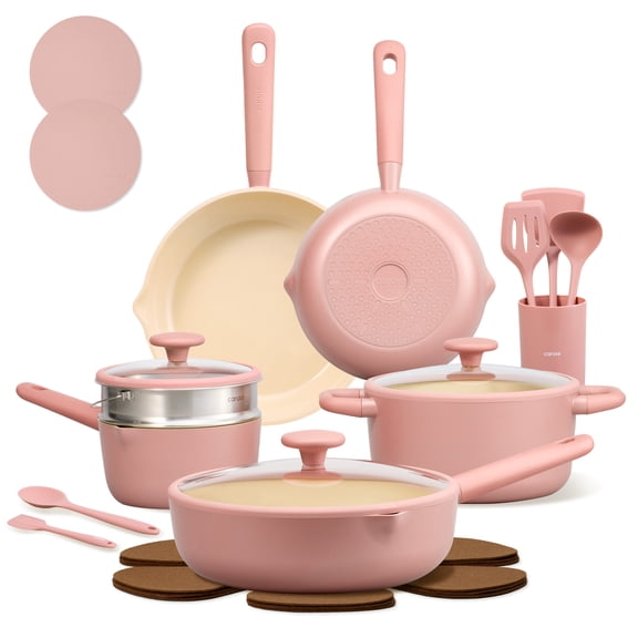 Carote 21-Piece Nonstick Pots and Pans Set, Ceramic Cookware Set with Steamer, Induction Compatible, Pink