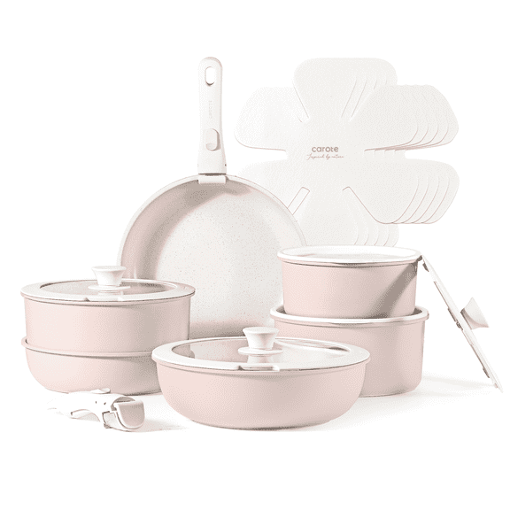 Carote 18pcs Pots and Pans Set, Nonstick Cookware Sets Detachable Handle, Pink Granite