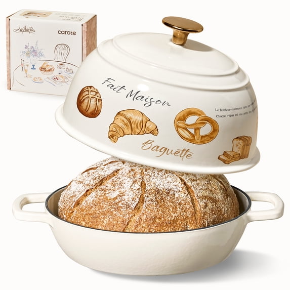 CAROTE 2.11 QT Cast Iron Bread Oven with Lid, Round Dutch Oven for Bread Baking, Cream White with Bakery Design