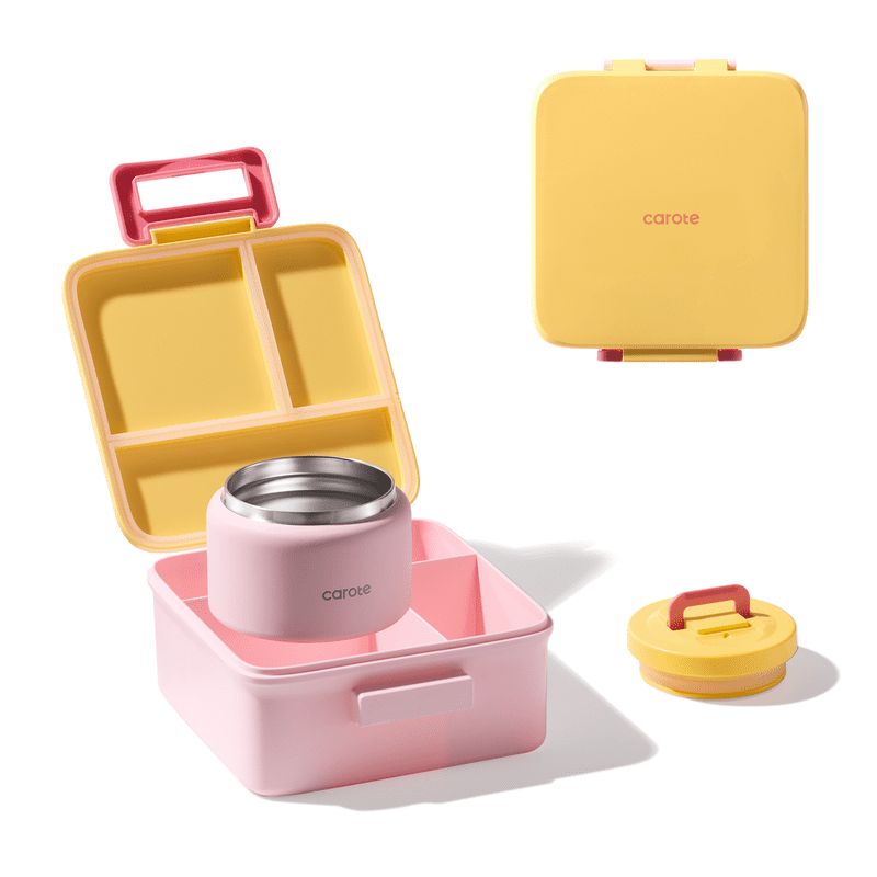 Carote 2-Pack Plastic Bento Box Set,Warm Orange Pink, Age Group Equal to  Child,1500 ml Leak-Proof Lunch Box 240 ml Insulated Food Jar