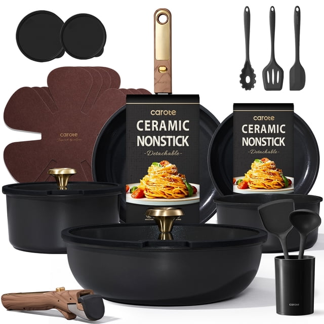 CAROTE 20-Piece Ceramic Cookware Set , Nonstick Pots and Pans Set with Detachable Handle and Lids, Induction Compatible, Black