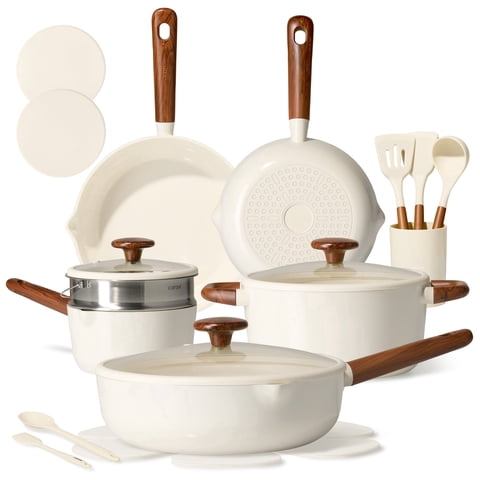 CAROTE 21-Piece Nonstick Pots and Pans Set, Ceramic Cookware Set with Steamer, Induction Compatible, White