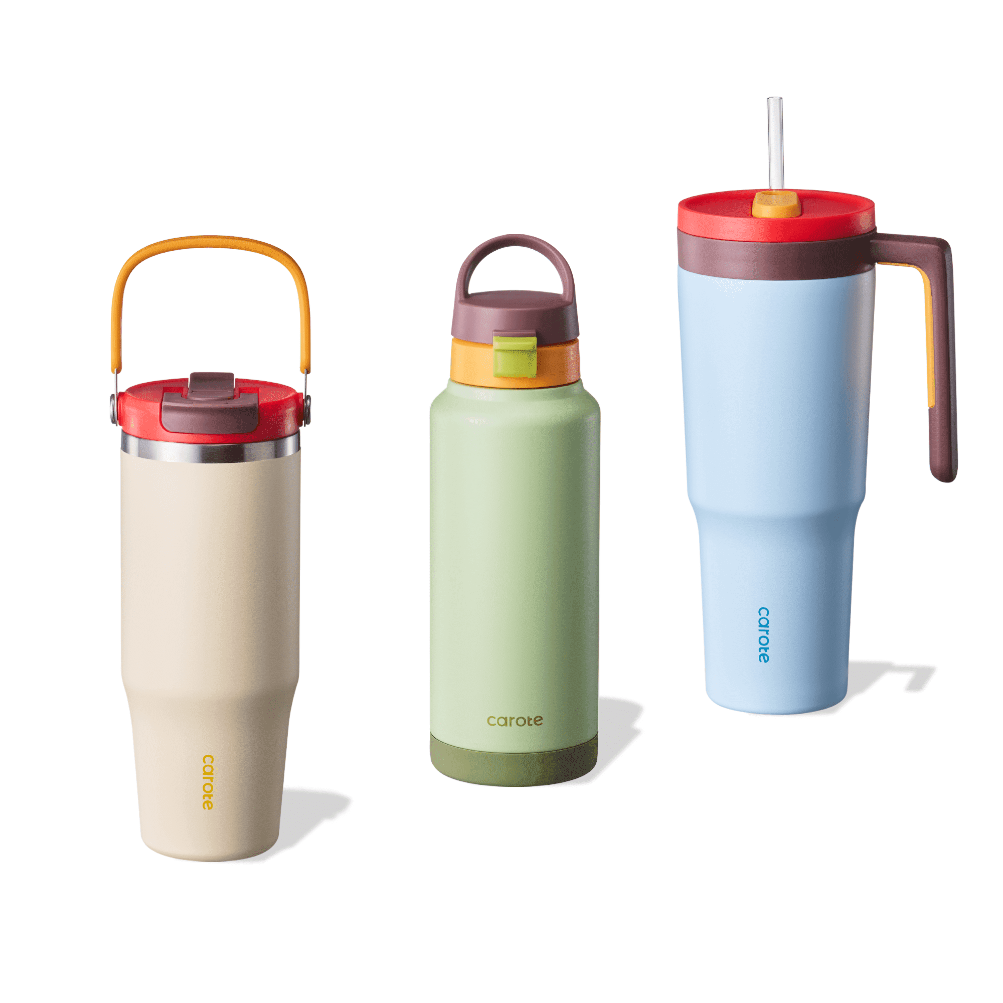 Carote 3-Pc Tumbler Set, 40oz & 32oz Cups with Straw & Handle, Vacuum Insulated & Leak-Proof, Cup Holder Friendly, BPA-Free, Color-Block