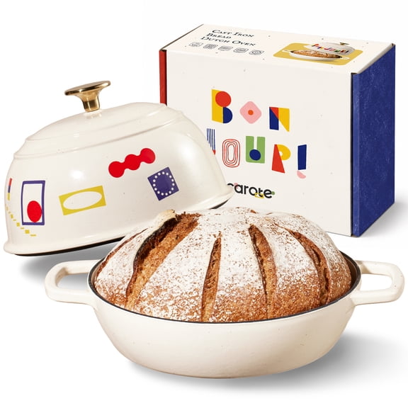 CAROTE 5 QT Cast Iron Bread Oven with Lid, Round Dutch Oven for Homemade Bread Baking, Cream White
