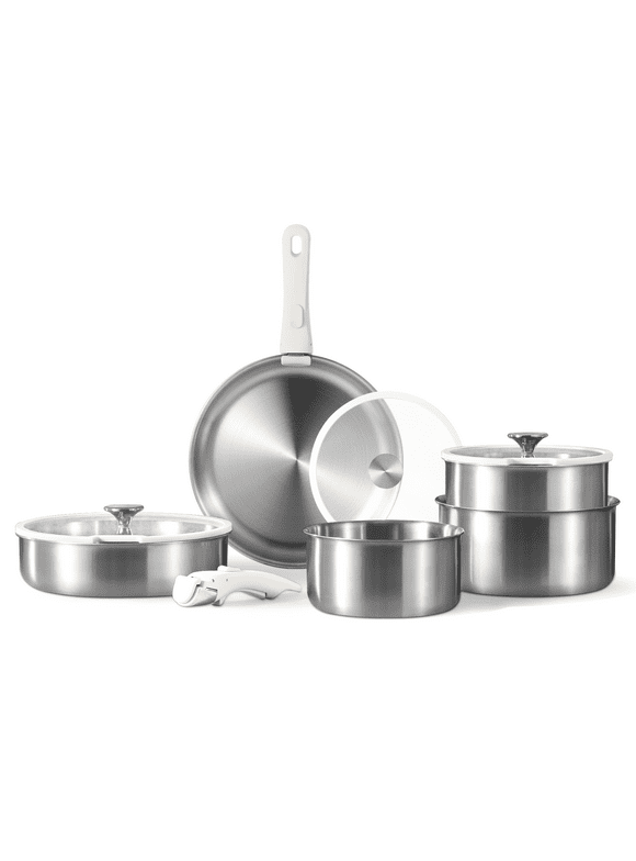 CAROTE Stainless Steel Pots and Pans Set, Cookware Set with Detachable Handle, Induction Kitchen Cookware Sets with Removable Handle, RV Cookware Set, Oven Safe, Stainless Steel-12 piece