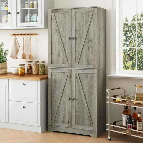 CARPETNAL 72" Tall Farmhouse Kitchen Pantry with Adjustable Shelves, Large Wood Storage Cabinet with Drawer & 2 Barn Doors, Freestanding Storage for Dining Room, Living Room, Grey