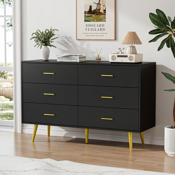 CARPETNAL Black Dresser for Bedroom, 6 Drawer Dresser with Wide Drawers and Gold Metal Handles, Wood Dressers & Chest of Hallway, Entryway.