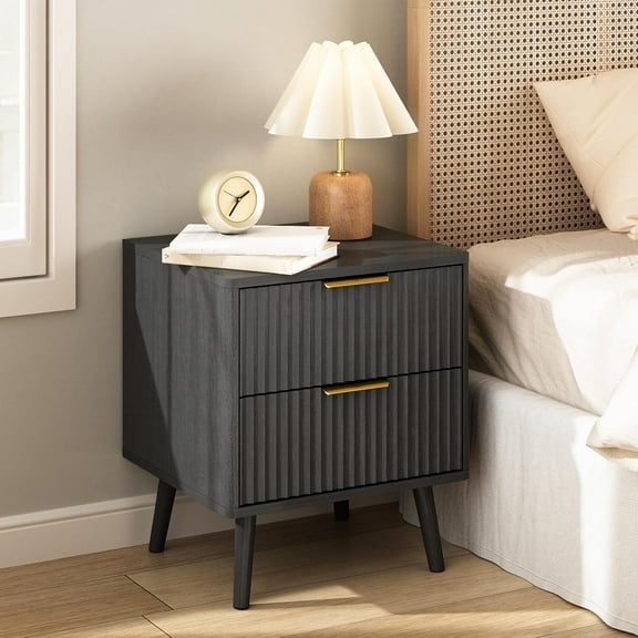 CARPETNAL Black Fluted Nightstand with 2 Drawers, 18'' Wide Bedside Table for Bedroom, Modern Night Stand with Gold Metal Legs, Small Space End Table(Black, 1 Piece)