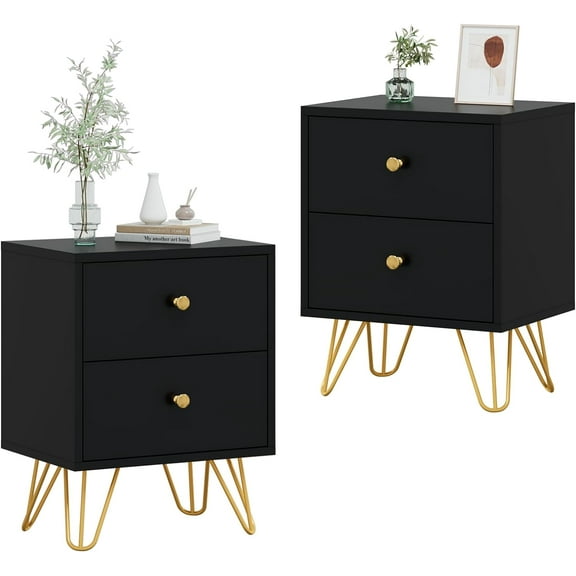 CARPETNAL Black Nightstand Set of 2, End Side Table Double, Bedside Table with 2 Drawers, Dual Night Stand Metal Legs for Bedroom Living Room