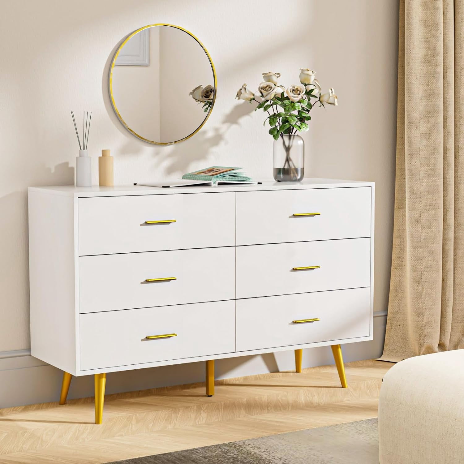 white dresser gold legs CARPETNAL for Bedroom, 6 Drawer Dresser with Wide Drawers and Metal Handles, Wood Dressers & Chest of Hallway, Entryway ivory