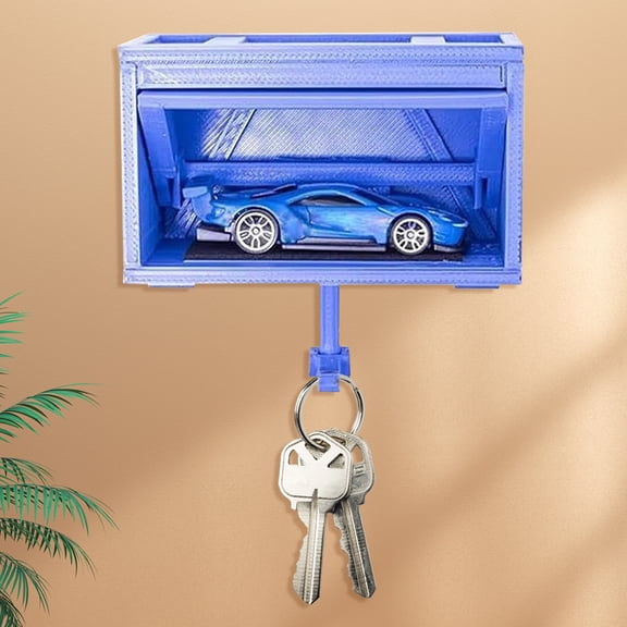 CARRFA 1PCS Key Holder for Wall, 3D Car Garage Key Holder Wall Mount, Small Toy Car Garage with Opening Door, Easy Installation Key Rack for Entryway (Blue)