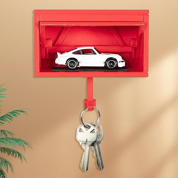 CARRFA 1PCS Key Holder for Wall, 3D Car Garage Key Holder Wall Mount, Small Toy Car Garage with Opening Door, Easy Installation Key Rack for Entryway (Red)