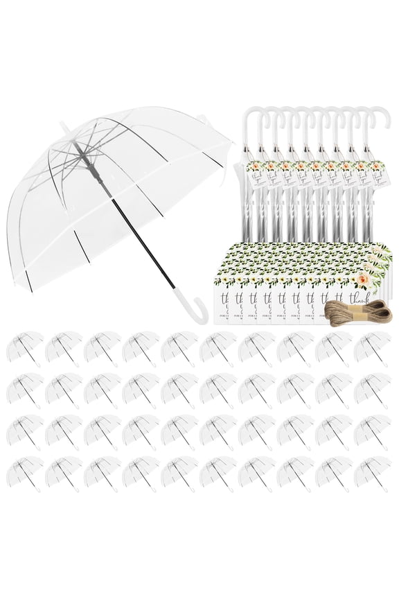 50 Pack Large Clear Bubble Umbrella, 52" Classic Dome Rain Windproof Stick Umbrellas with Thank You Tags and Rope Guest Souvenirs for Wedding Party Bridal Favors