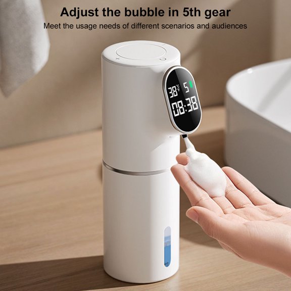 CARRFA Automatic LED 320ml Liquid Foam Soap Dispenser 5 Adjustable Levels Hand Sanitizer Machine Time Temperature Display Can Wall Mount for Bathroom Kitchen (White)