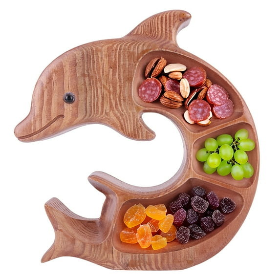 CARRFA Dolphin Wood Charcuterie Platter - 3 Compartments Cheese Tray, Decorative Fruit Dessert Server for Beach Parties, Kitchen Organizer (Standing)