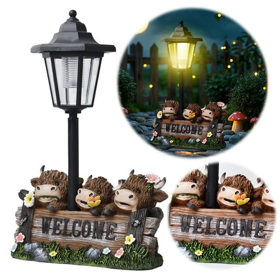 CARRFA Solar Garden Statues with "WELCOME" Sign, Handmade Resin Highland Cow Lantern Figurine for Garden Patio Yard Outdoor Decor