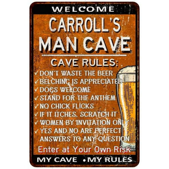 CARROLL'S Man Cave Rules Rusty Sign Garage Decor 8 x 12 High Gloss Metal 208120051379