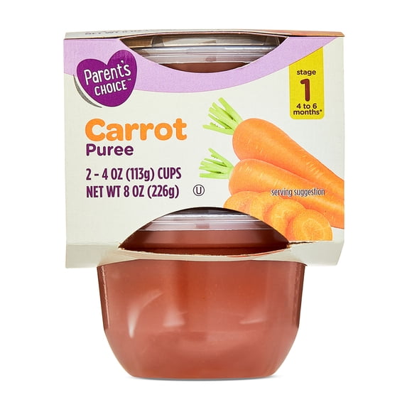 Parent's Choice Stage 1 Baby Food Carrot Puree, 4 oz Cups, 2 Pack