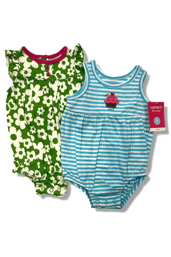 GIRLS OUTFIT - SET 2 PCS BODYSUIT DRESS - SZ 6 MONTHS STRIPED FLOWER