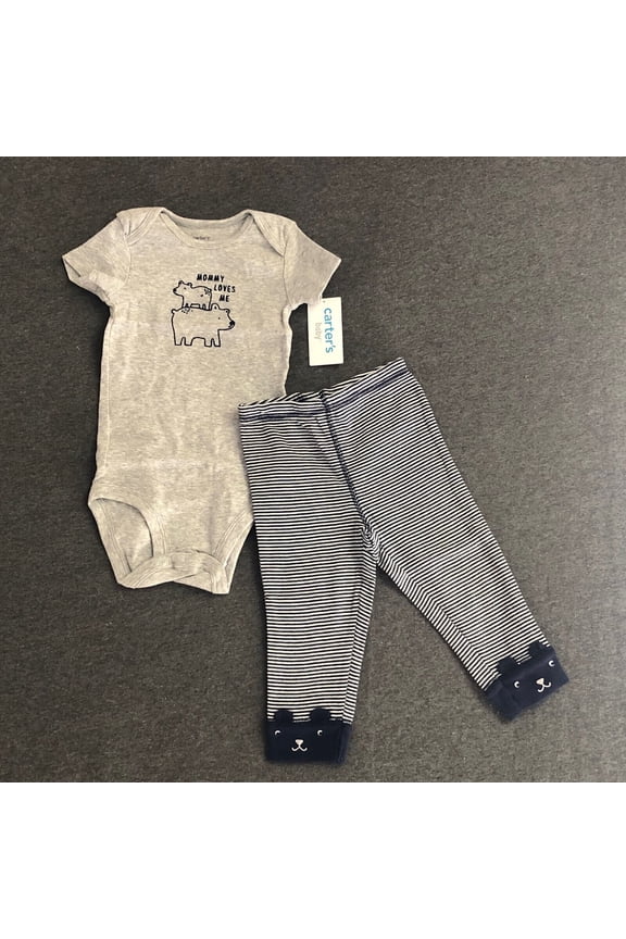 CARTERS Baby Boys 2 Piece Set 9 Months Mommy Loves Me Bear Top Stripes Pants