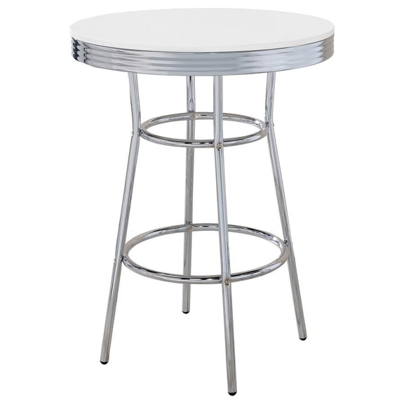 CARTESIAN Retro Chrome Bar Table, Round White Top, 30 Inch Diameter, 41.75 Inch Height, 1950s Diner Style, Metal Legs with Support Rings