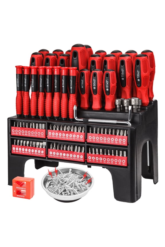 100-Piece Magnetic Screwdriver Set with Plastic Racking, Precision Screwdriver, Bonus Magnetizer Demagnetizer and Magnetic Bowl, Common Repair Tools, Home Improvement Tools Gift