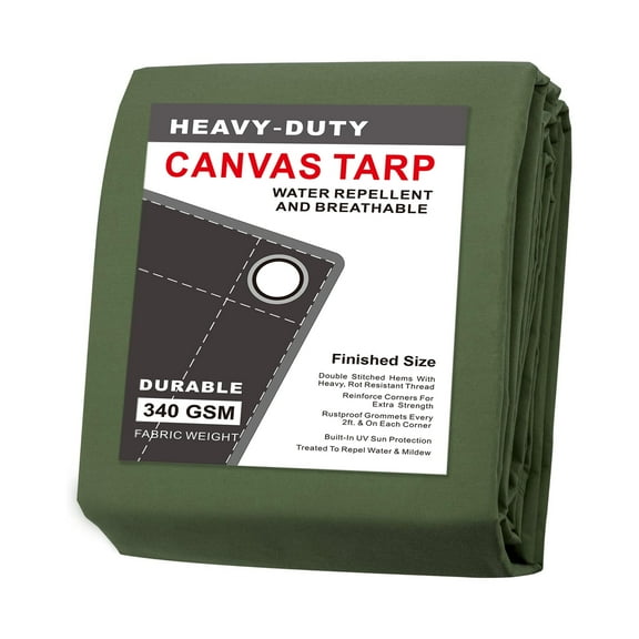 CARTMAN 10x16 FT Canvas Polyester Tarp for Roof, Camping, Woodpile, Heavy-Duty Outdoor Use with Rustproof Grommets Reinforced Edges