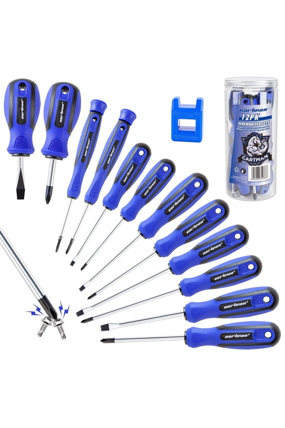 12 Piece Magnetic Screwdriver Set - 6 Phillips and 6 Flat, Professional Cushion Grip Hand Tools Set