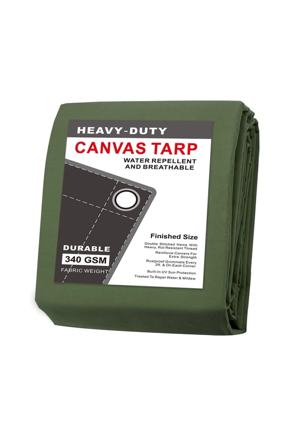 12x24 FT Canvas Polyester Tarp for Roof, Camping, Woodpile, Heavy-Duty Outdoor Use with Rustproof Grommets Reinforced Edges