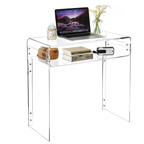 CARTMAN Modern Clear Acrylic Desk with Storage Shelf Transparent Console Table Thick Transparent
