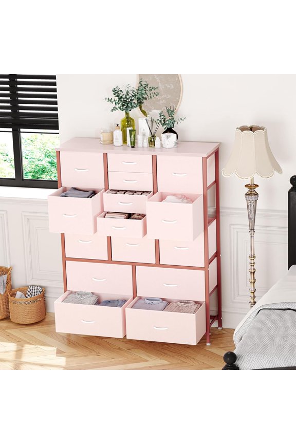 Pink 15 Drawer Fabric Dresser A Versatile Storage Solution with Metal Frame for Bedroom Living Room Kitchen and Bathroom