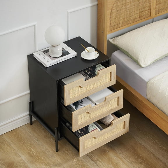 CARTMAN Rattan Night Stand Farmhouse Nightstand Bedside Table with 3 Drawers Nightstand with Metal Legs Sturdy and Durable Boho Accent Table for Bedroom Living Room Black