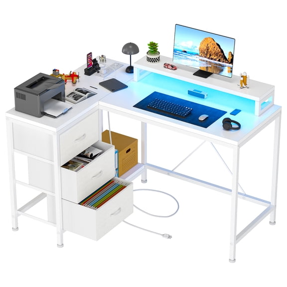CARTMAN Reversible L Shaped Desk with Power Outlet and 3 Drawer Computer Desk with Led Lights Home Office Desk with Monitor Stand Study Writing Gaming Desk White